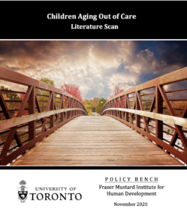 Cover of Policy Bench report on 'Children Aging Out of Care'. Includes a photo of a pedestrian bridge